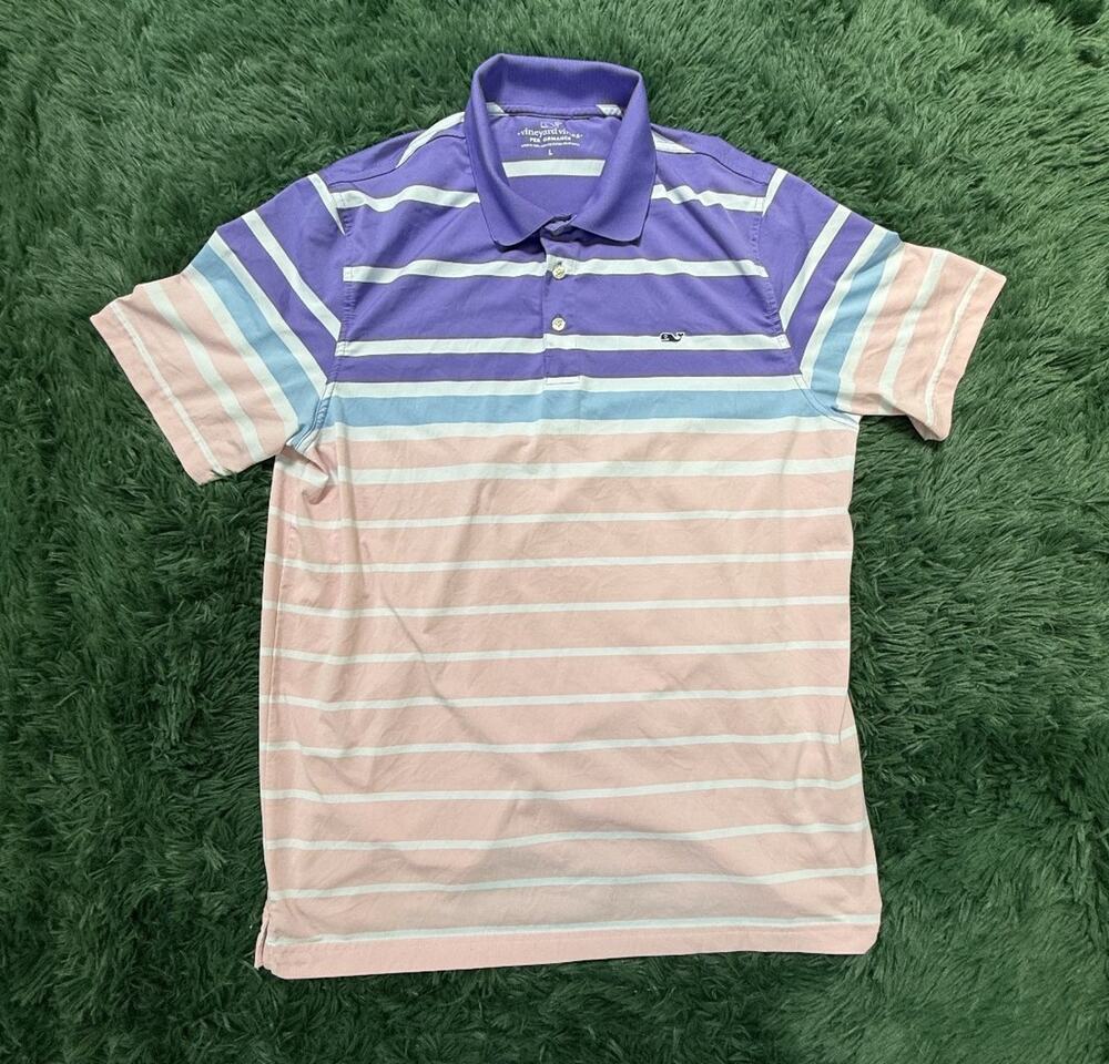 Vineyard Vines Performance Polo Shirt Men's Large L Striped Purple Pink Blue